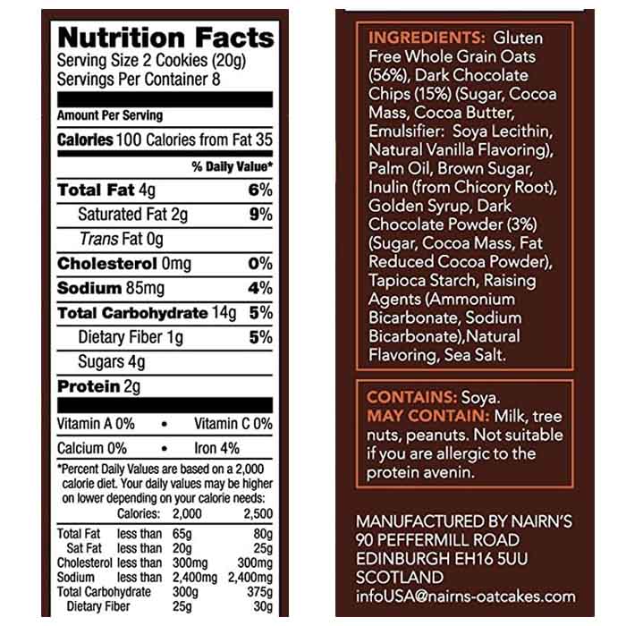 Nairn's - Gluten Free Chocolate Chip Oaties, 160g  Pack of 8 - back