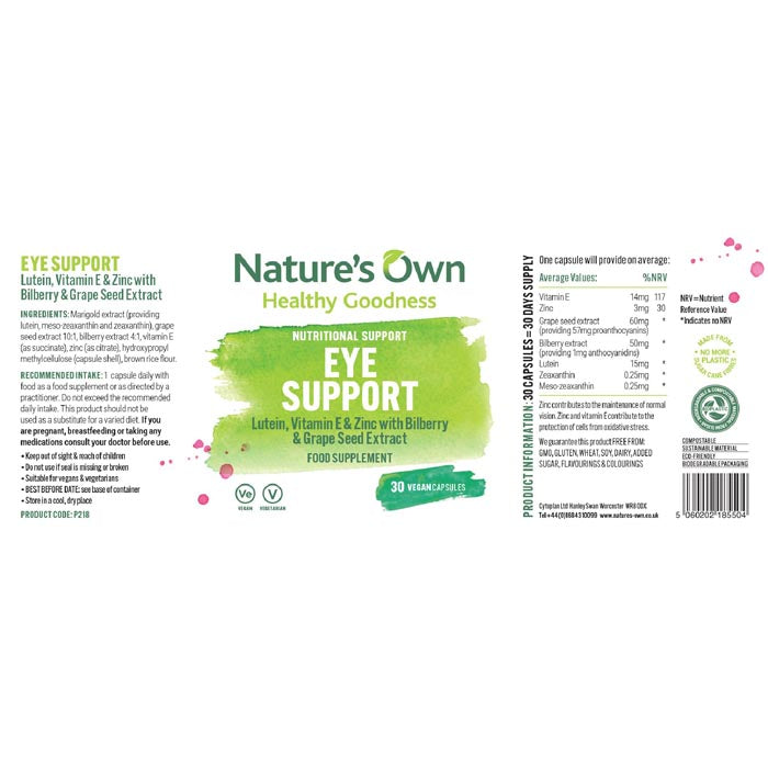 Nature's Own - Eye Support (Lutein Zinc Bilberry & Grapeseed Extract), 30 Capsules - back