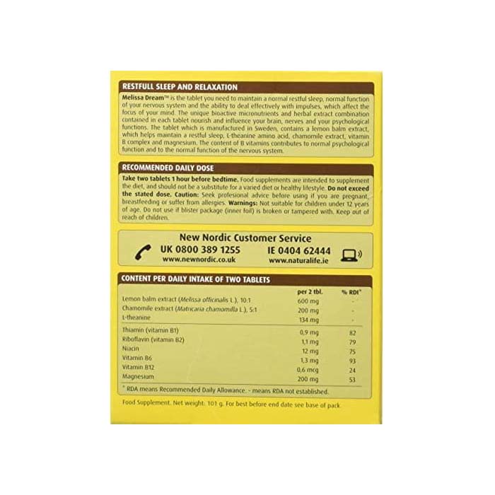 New Nordic - Melissa Dream Lemon Balm Sleep Aid ,100 Tablets - back
