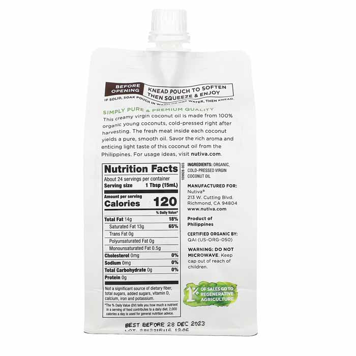Nutiva - Organic Squeezable Virgin Coconut Oil Pouch, 355ml- back