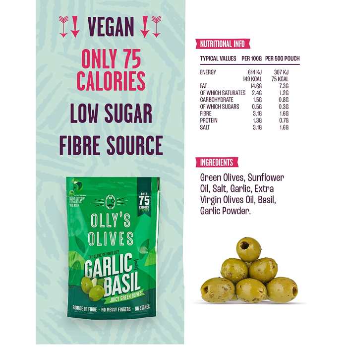 Olly's Olives - Green Olives Basil & Garlic, 50g facts