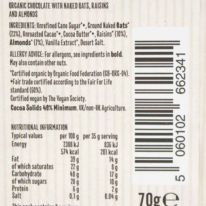Ombar - Oat Milk Chocolate Bar Fruit & Nut, 70g facts