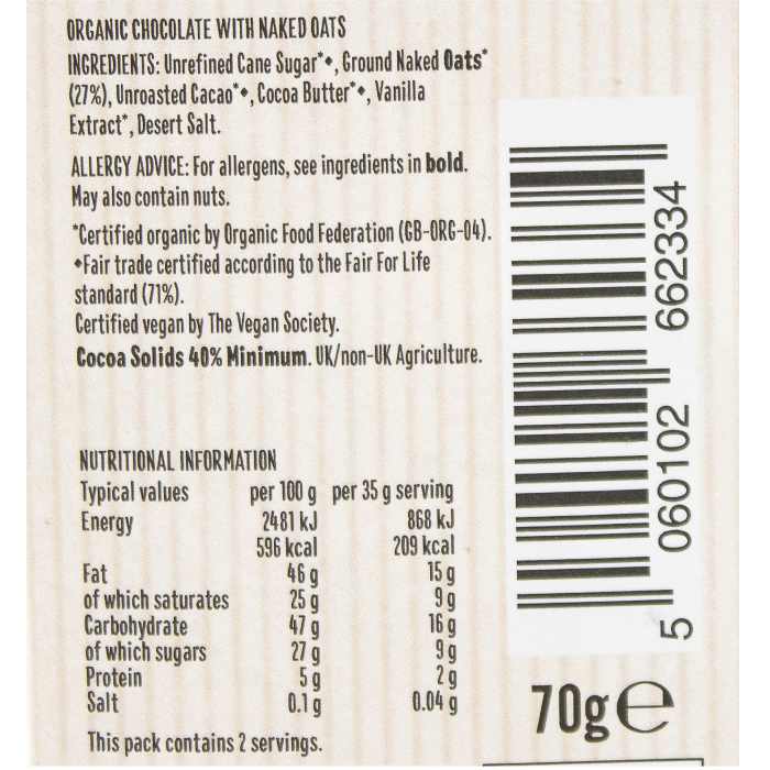 Ombar - Oat Milk Chocolate Bar Smooth & Creamy, 70g facts