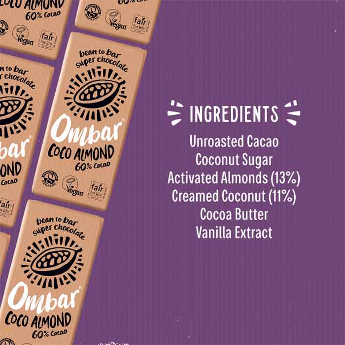 Ombar - Organic Coco Almond Raw Chocolate, 70g  Pack of 10 - back
