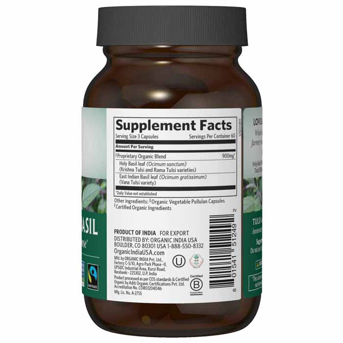 Organic India - Organic Tulsi Holy Basil Supplement, 90 Capsules - back