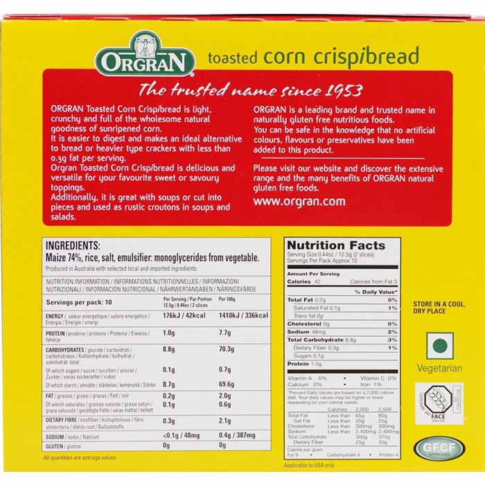 Orgran - Gluten-Free Crispbread - Toasted Corn, 125g - back