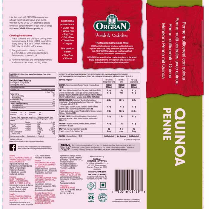 Orgran - Gluten-Free Multigrain Penne Pasta with Quinoa, 250g - back