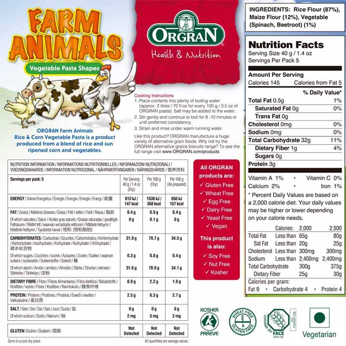 Orgran - Kids Rice & Corn Animal Shaped Vegetable Pasta (GF), 200g - Back