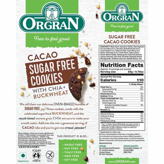Orgran - Sugar-Free Cacao Cookies (GF), 130g - back