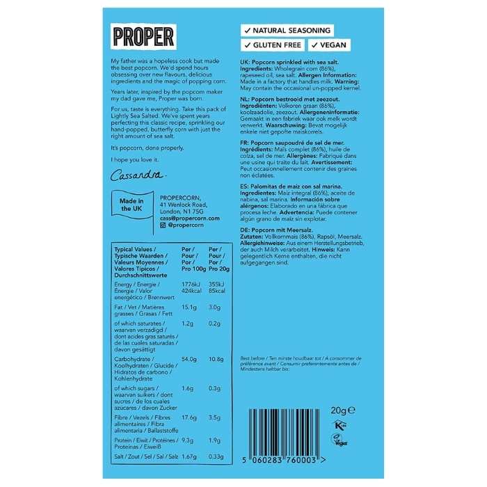 Propercorn - Popcorn Sharing Bag Lightly Sea Salted (70g) - back