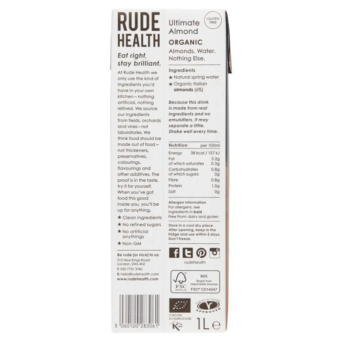 Rude Health - Organic Ultimate Almond Drink, 1L - back