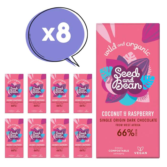 Seed & Bean - Organic Single Origin Dark Chocolate Bar Coconut & Raspberry 66%, 85g pack