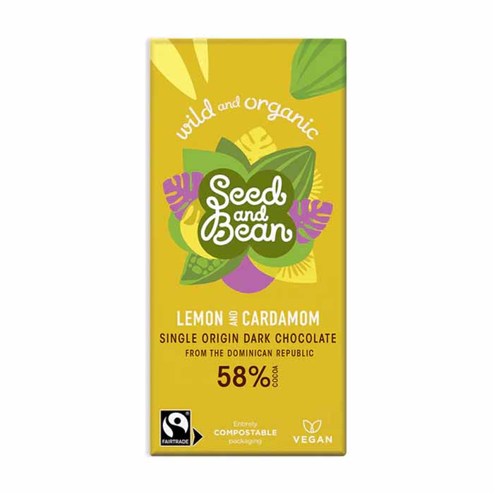 Seed & Bean - Organic and Fairtrade Dark 58% Lemon Cardamon Chocolate Bar, 75g  Pack of 10