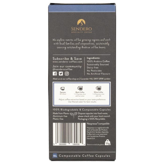 Sendero Specialty Coffee - Compostable Coffee Capsules, Brazil (Decaf) 10 Capsules - Back
