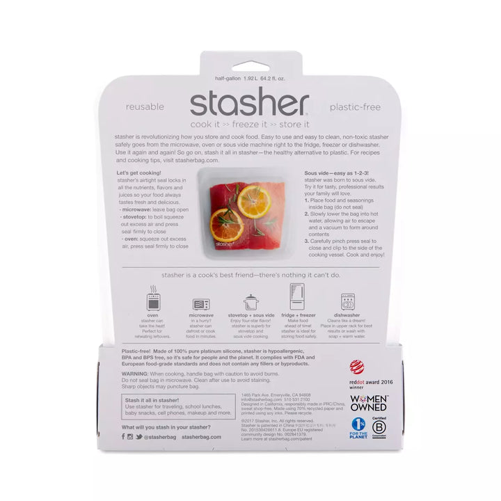 Stasher - Silicone Half Gallon Reusable Food Bags 26x22cm, 1,920ml, Clear - Back