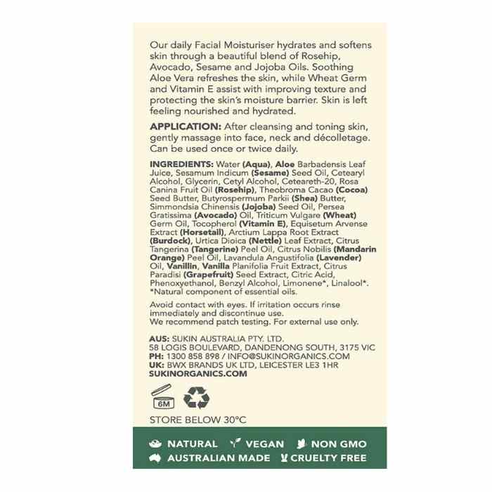 Sukin - Facial Moisturiser Pump, 125ml - Ingredients