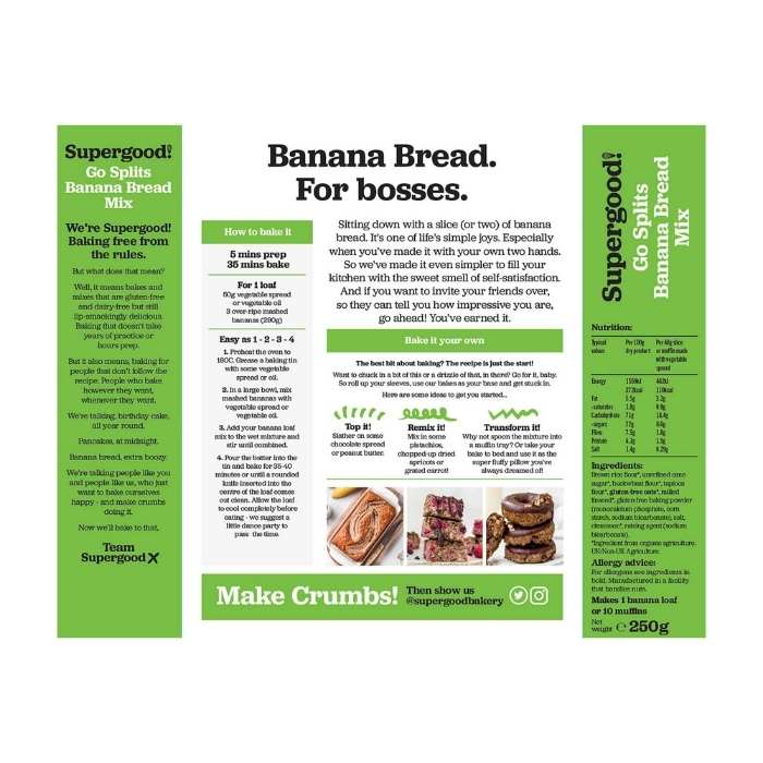Supergood - Go Splits Banana Bread Mix, 250g nutrition