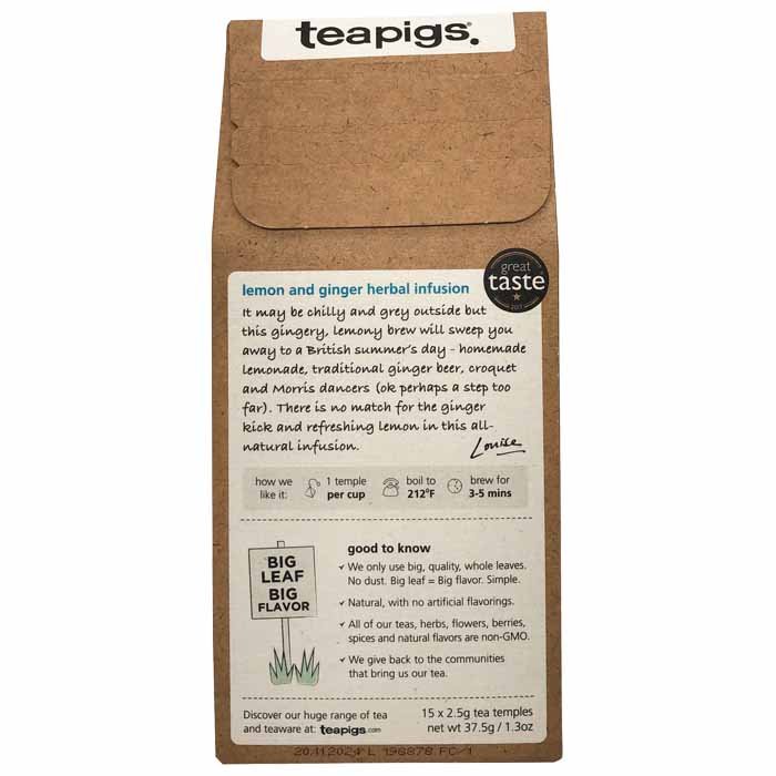 Teapigs - Lemon & Ginger Biodegradable Tea Temples, 15 bags - back
