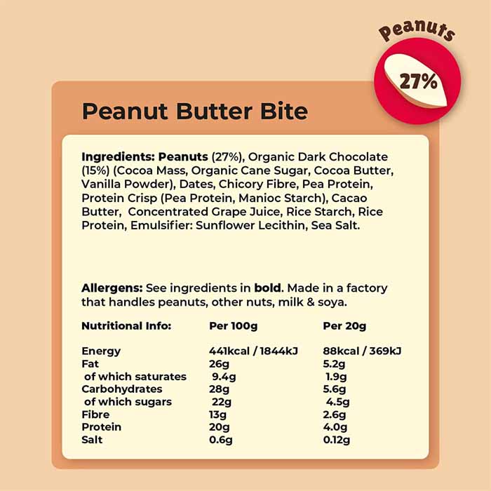Vive - Vegan Dark Chocolate Protein Bites - Peanut Butter (20-Pack), 20g  - back