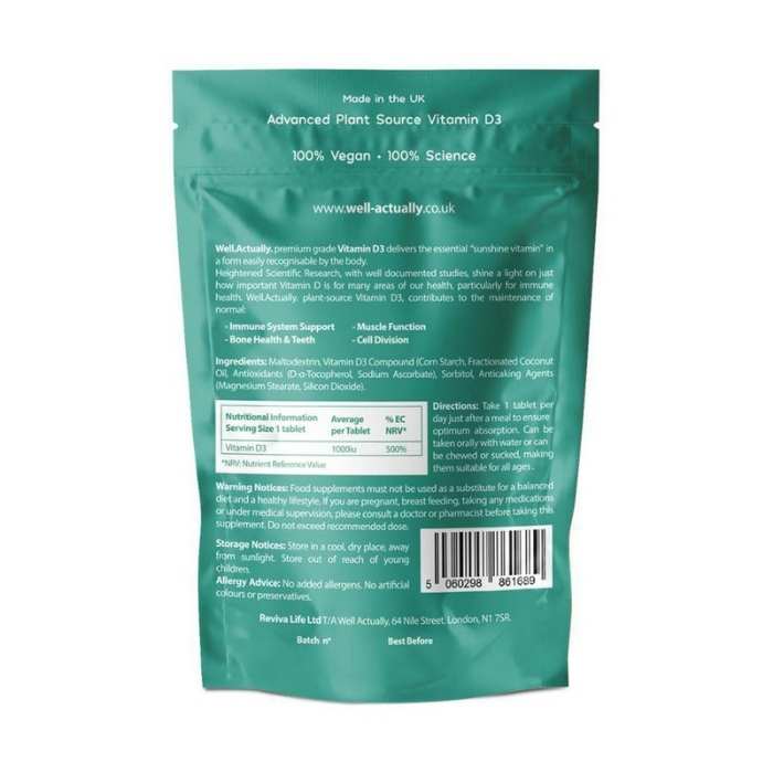 Well Actually - Vegan Vitamin D3 1000iu Chewable & Easy to Swallow, 90 Tablets - back