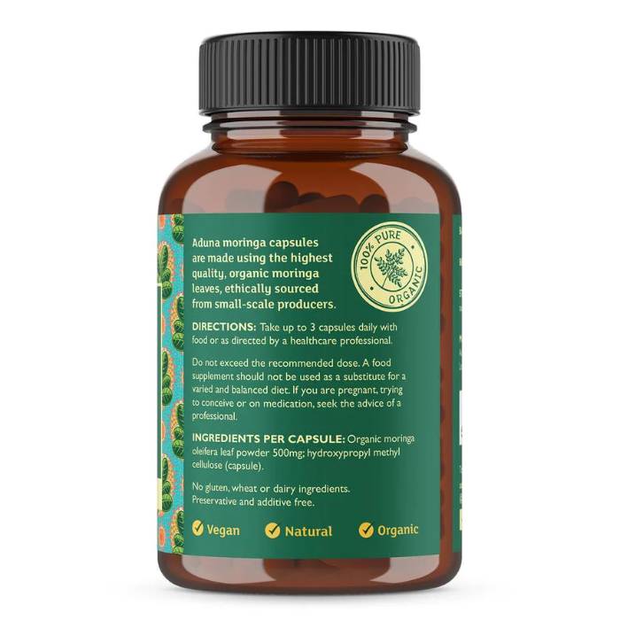 Aduna - Organic Moringa Capsules, 180 Capsules - Back
