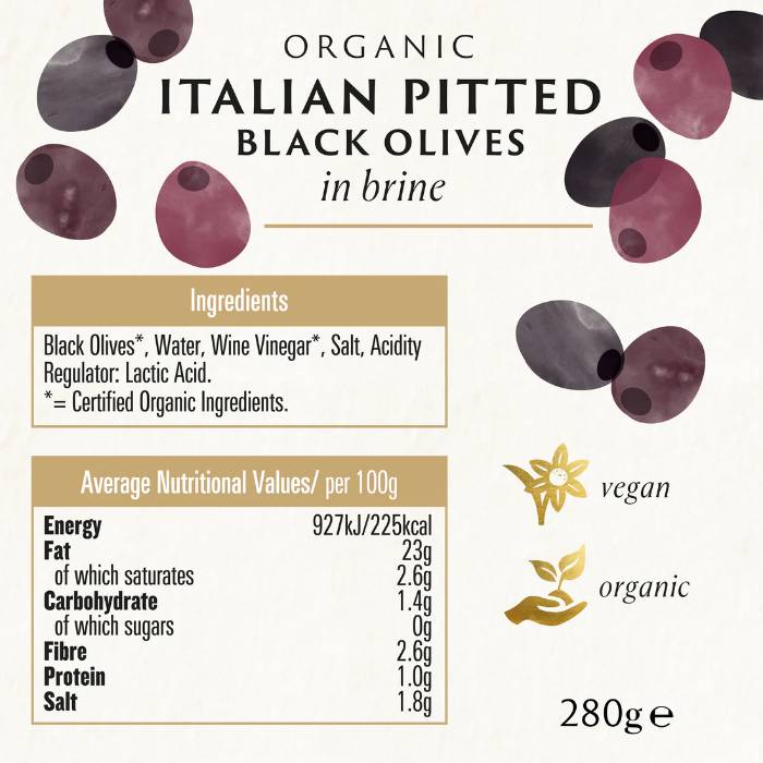 Biona - Black Pitted Olives in Brine Organic, 280g - Back
