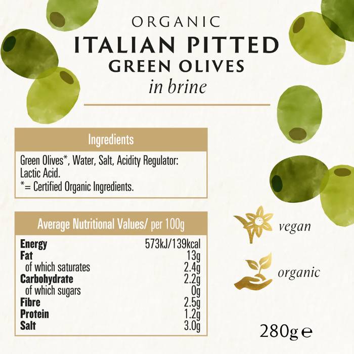 Biona - Green Pitted Olives in Brine Organic, 280g  - Back