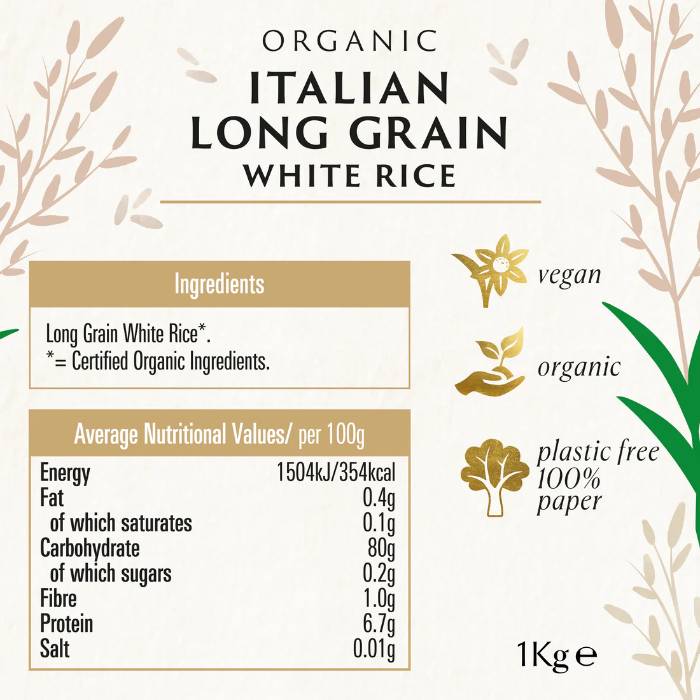 Biona - Long Grain Italian White Rice Organic, 1kg - Back
