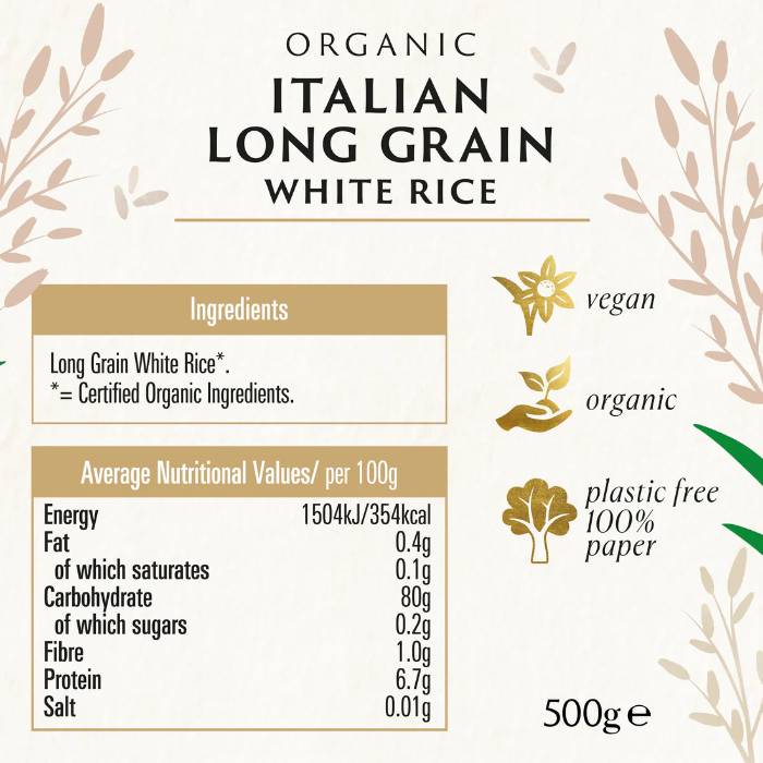 Biona - Long Grain Italian White Rice Organic, 500g - Back