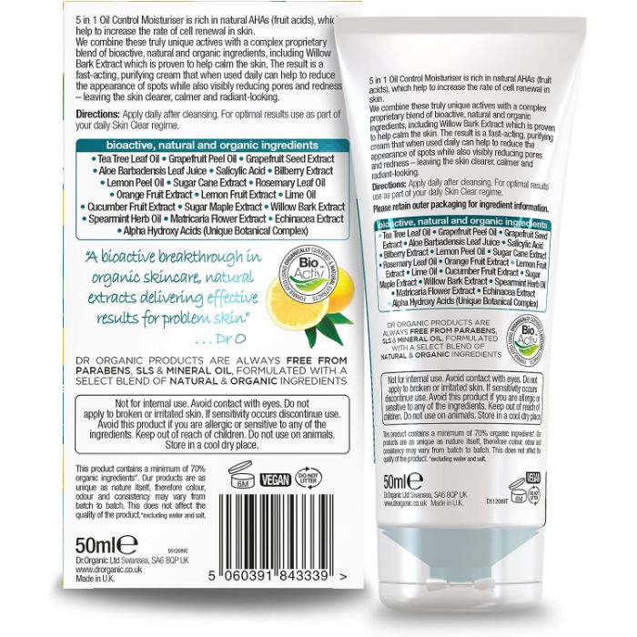 Dr. Organic - Moisturiser Skin Clear - back