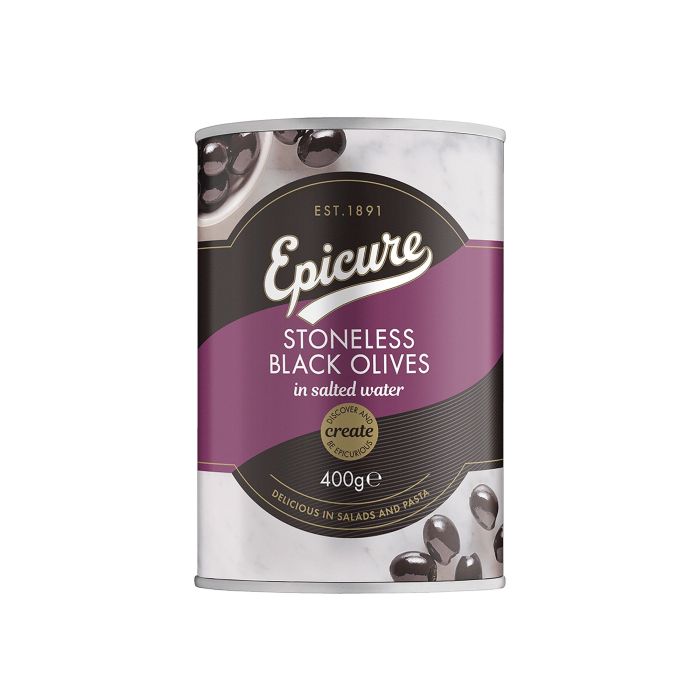 Epicure - Stoneless Black Olives, 400g  Pack of 12