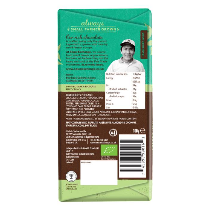 Equal Exchange - Organic Dark Chocolate Mint Crunch 67%, 100g - Back