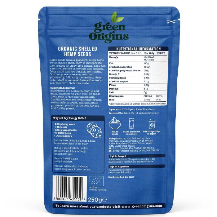 Green Origins - Organic Shelled Hemp Seeds, 250g - back