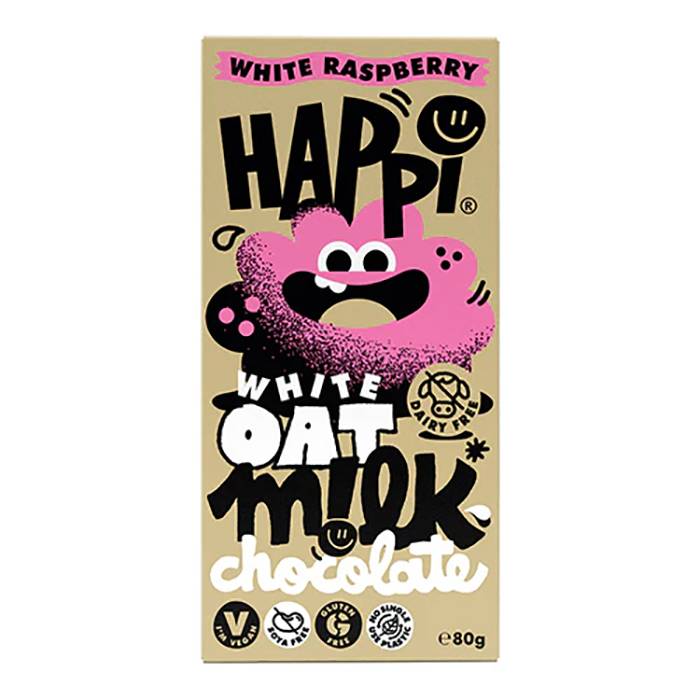 HAPPi - Oat M!lk White Raspberry Chocolate Bar, 80g - Pack of 12