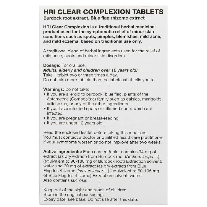 HRI - Clear Complexion THR, 60 Tabs - back