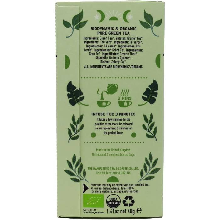 Hampstead Tea - Organic Demeter Green Tea Bags, 20 Bags  Pack of 4 - Back
