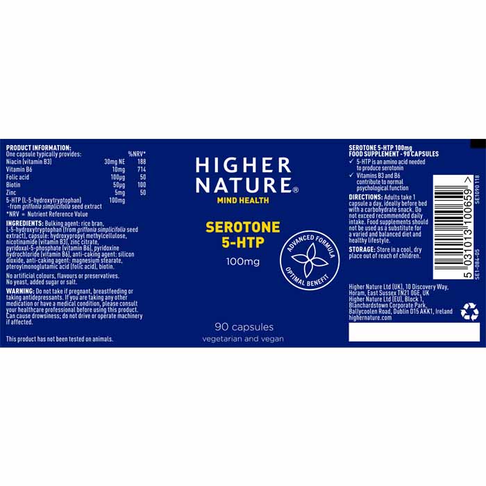 Higher Nature - Serotone 5HTP 100mg, 90 Tablets - Back