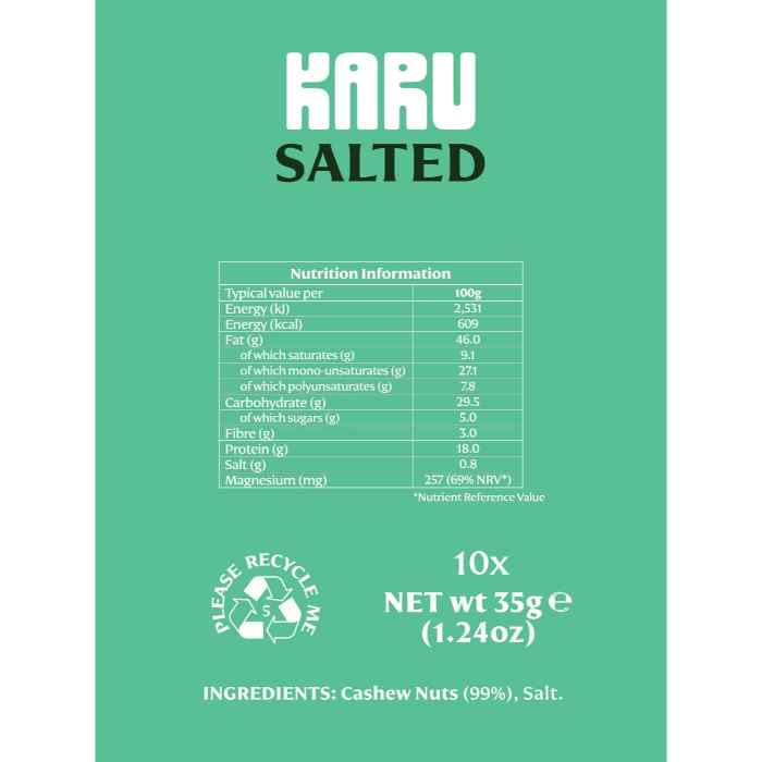 Karu - Cashew Nuts roasted with Salt, 35g - Pack of 10 - Back