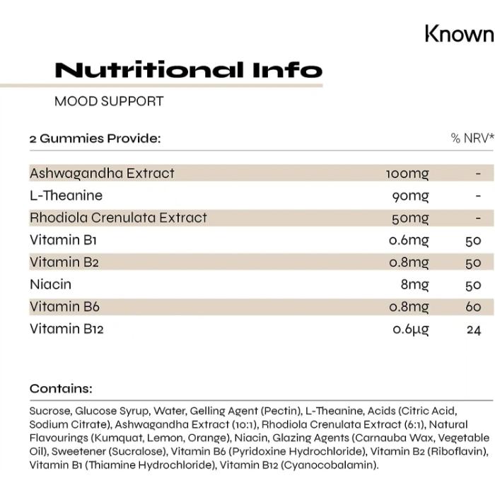 Known Nutrition - Mood Support Vegan Gummies, 60 Gummies - back
