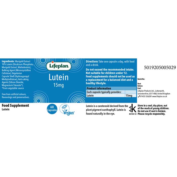 Lifeplan - Lutein 15mg, 60 Tablets - Back