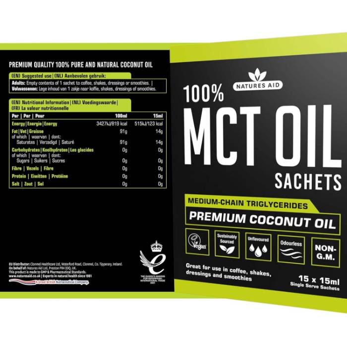 Natures Aid - 100% MCT Oil Sachets x15, 15ml - Back
