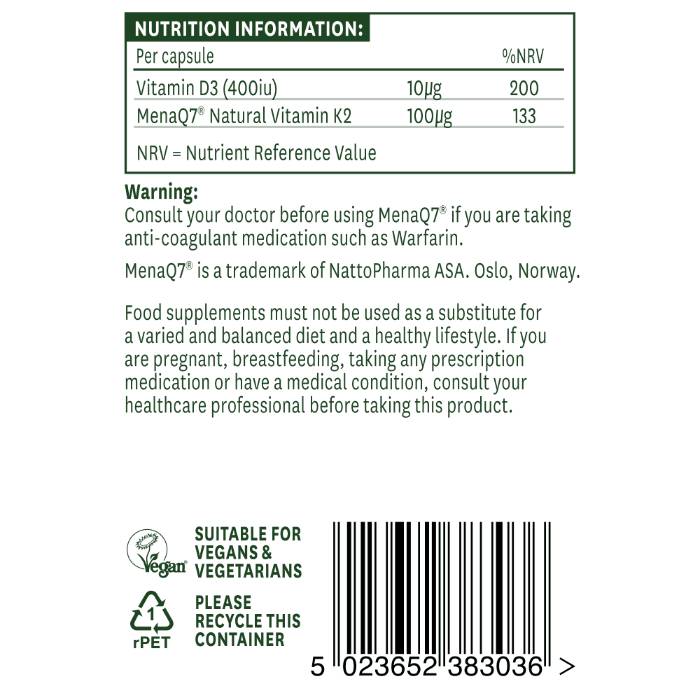 Natures Aid - Vitamin K2 (MenaQ7) 100ug, 30 Capsules - Back