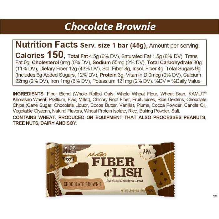 NuGo - Fiber d’Lish Chocolate Brownie, 45g  Pack of 16 - Back