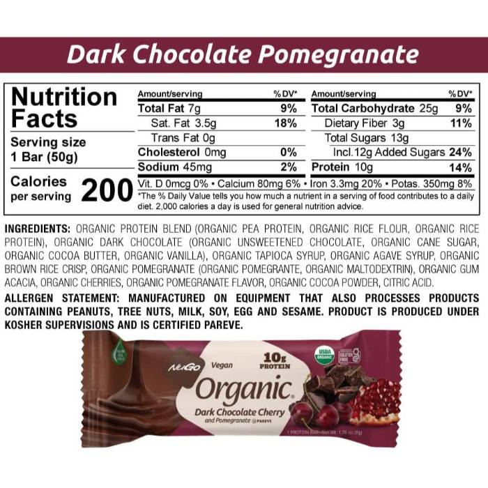 NuGo - Organic Dark Chocolate Bar Pomegranate, 50g  Pack of 12 - Back