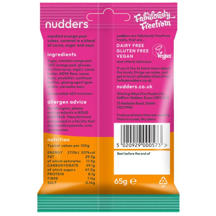Nudders Fabulous Free From Factory - Chocovered Candy Orange Peel, 65g  Pack of 12 - Back