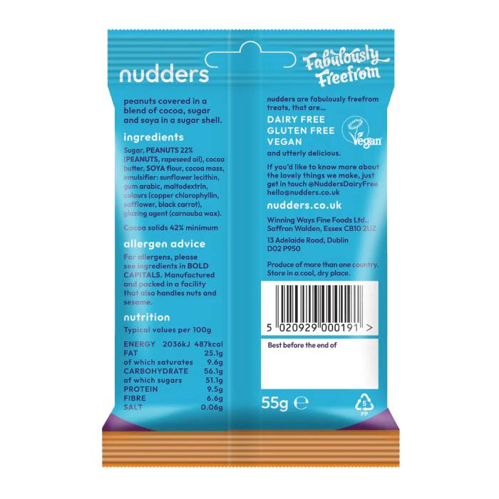 Nudders Fabulous Free From Factory - Chocovered Candyshell Peanuts, 55g  Pack of 12 - Back