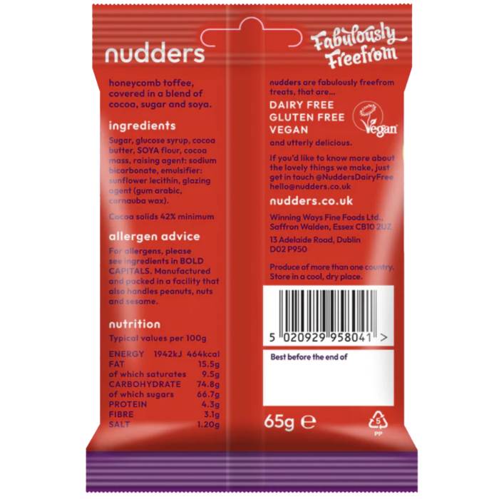 Nudders Fabulous Free From Factory - Chocovered Cinder Honeycomb, 65g  Pack of 12 - Back