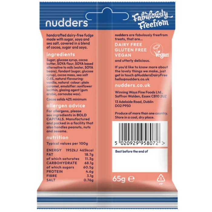 Nudders Fabulous Free From Factory - Chocovered Seasalty Fudge, 65g  Pack of 12 - Back