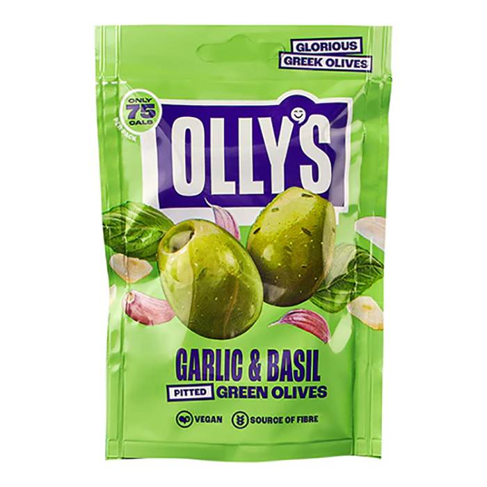 Olly's - Olives The Connoisseur - Basil & Garlic Green Olives, 50g - Pack of 12