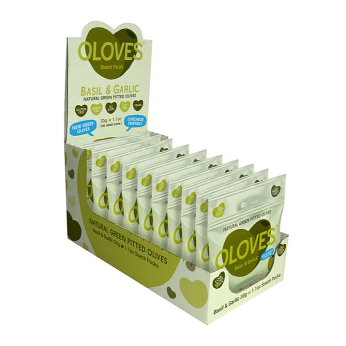Oloves - Natural Green Pitted Olives Basil & Garlic, 30g  Pack of 10